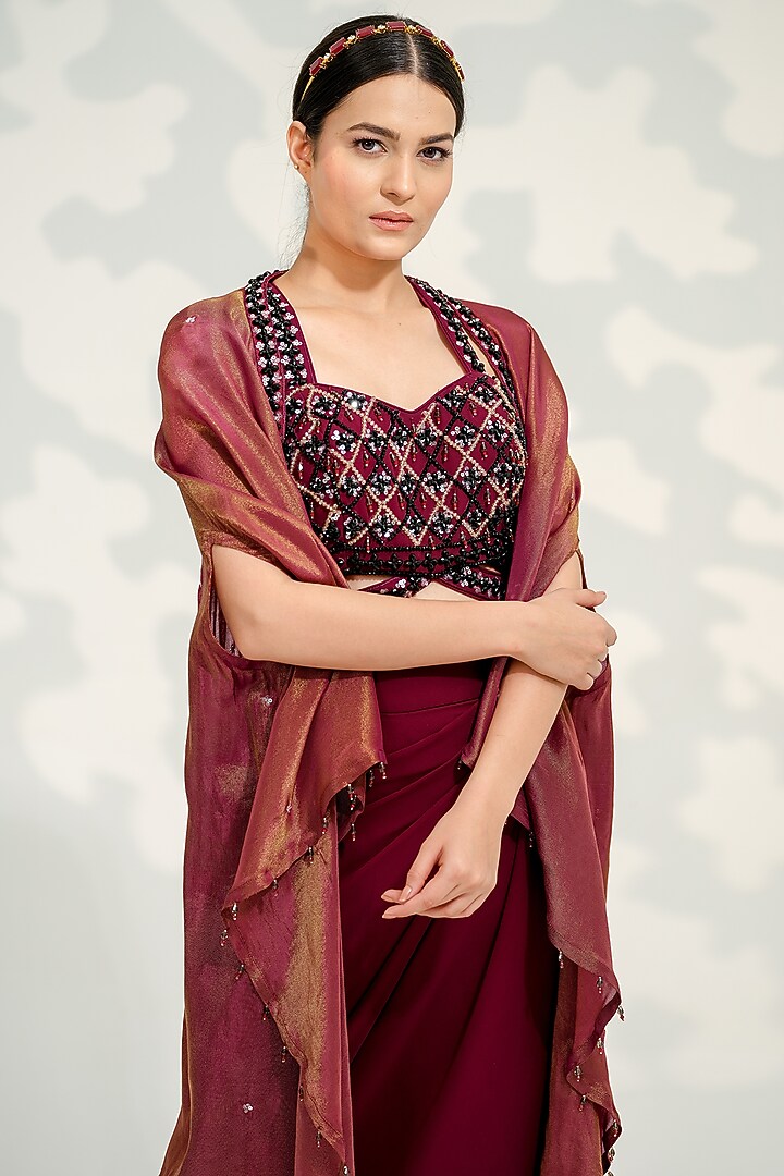 Purple Georgette & Shimmer Silk Cape Set by Tamaraa By Tahani at Pernia's Pop Up Shop