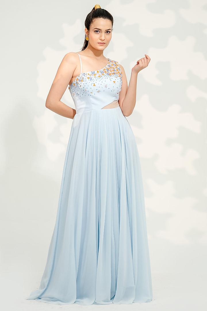 Powder Blue Georgette Hand Embroidered Gown by Tamaraa By Tahani