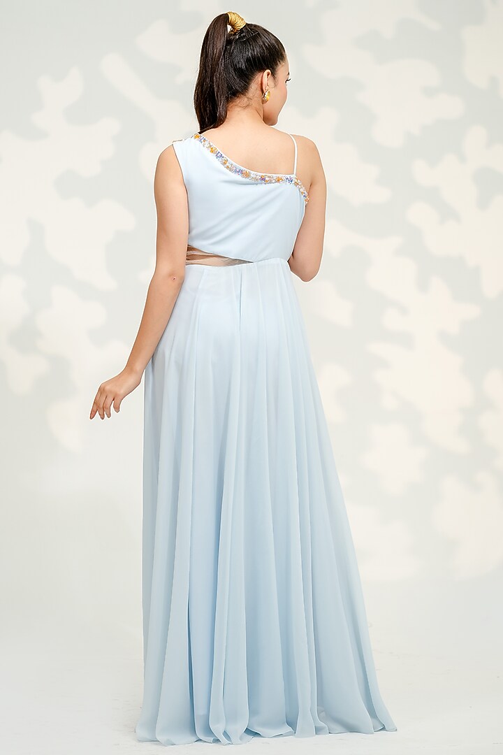 Powder Blue Georgette Hand Embroidered Party Wear Gown by Tamaraa By Tahani at Pernia's Pop Up Shop