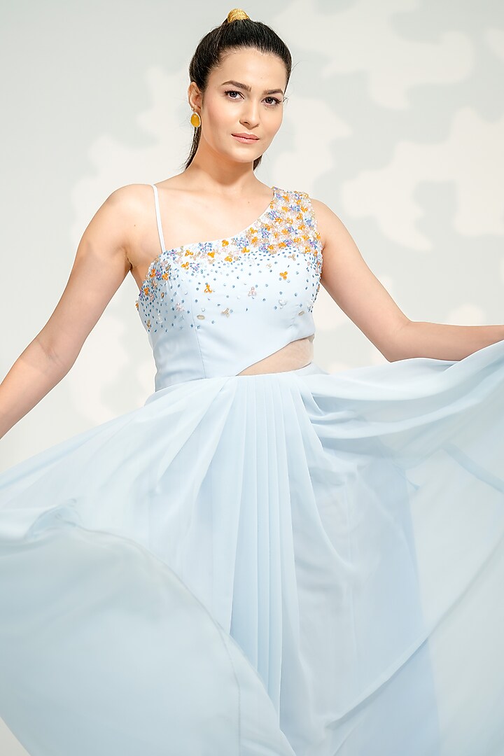 Powder Blue Georgette Hand Embroidered Party Wear Gown by Tamaraa By Tahani at Pernia's Pop Up Shop