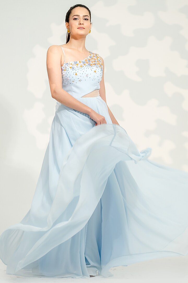 Powder Blue Georgette Hand Embroidered Party Wear Gown by Tamaraa By Tahani at Pernia's Pop Up Shop
