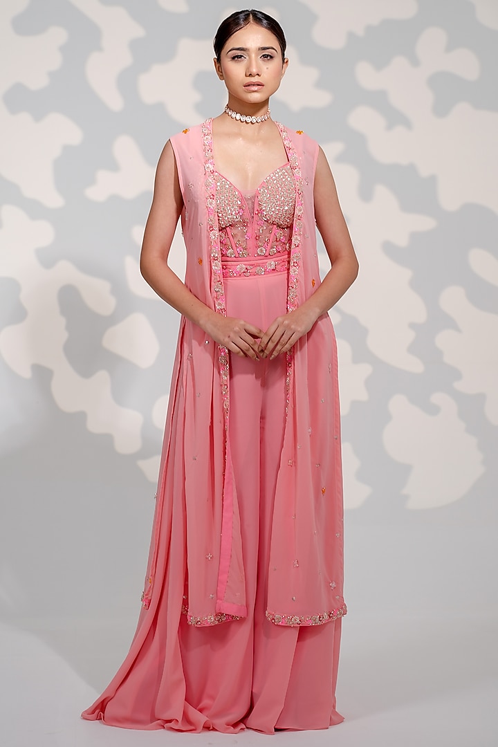 Pink Georgette & Tulle Embroidered Handcrafted Jacket Set by Tamaraa By Tahani
