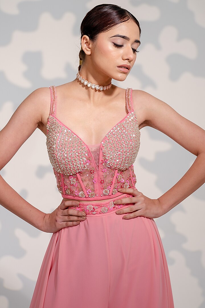 Pink Georgette & Tulle Embroidered Handcrafted Jacket Set by Tamaraa By Tahani at Pernia's Pop Up Shop