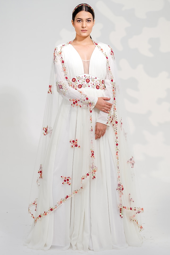White Georgette Hand Embroidered Wedding Anarkali Set by Tamaraa By Tahani at Pernia's Pop Up Shop