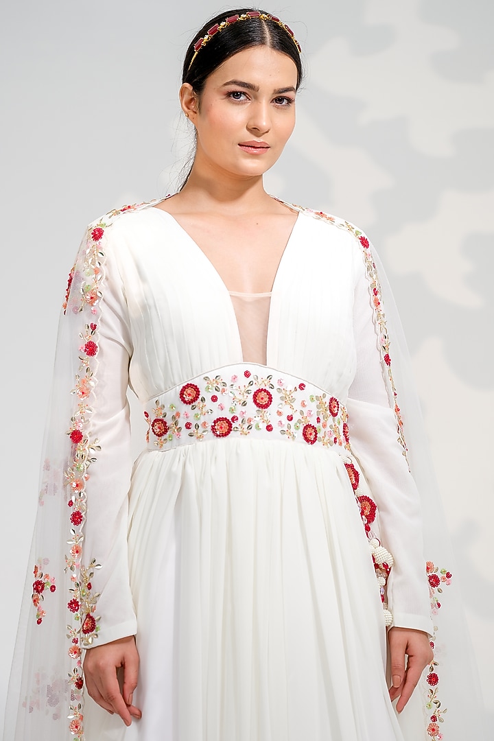 White Georgette Hand Embroidered Wedding Anarkali Set by Tamaraa By Tahani at Pernia's Pop Up Shop