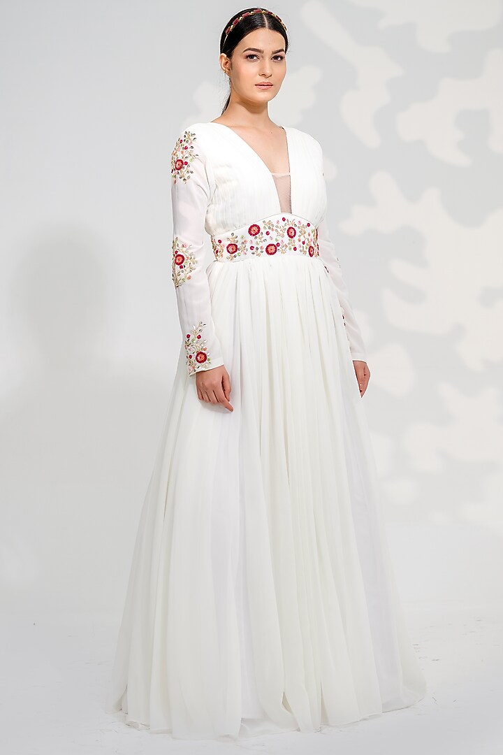 White Georgette Hand Embroidered Wedding Anarkali Set by Tamaraa By Tahani at Pernia's Pop Up Shop