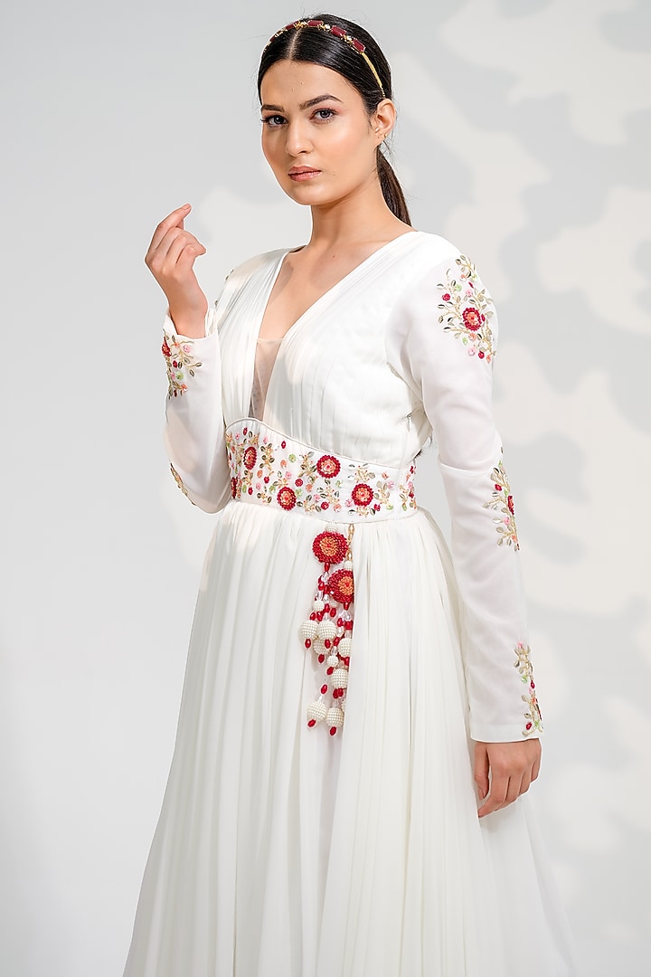 White Georgette Hand Embroidered Wedding Anarkali Set by Tamaraa By Tahani at Pernia's Pop Up Shop