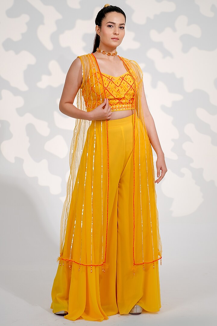 Yellow Tulle Embroidered Jacket Set by Tamaraa By Tahani
