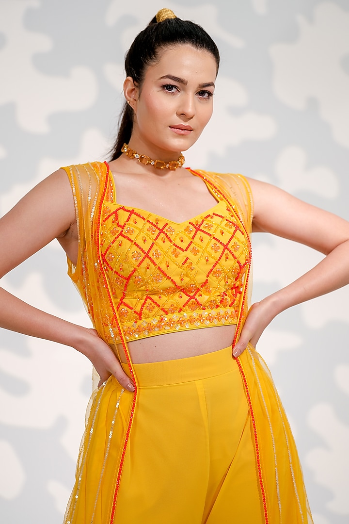 Yellow Tulle Embroidered Jacket Set by Tamaraa By Tahani at Pernia's Pop Up Shop