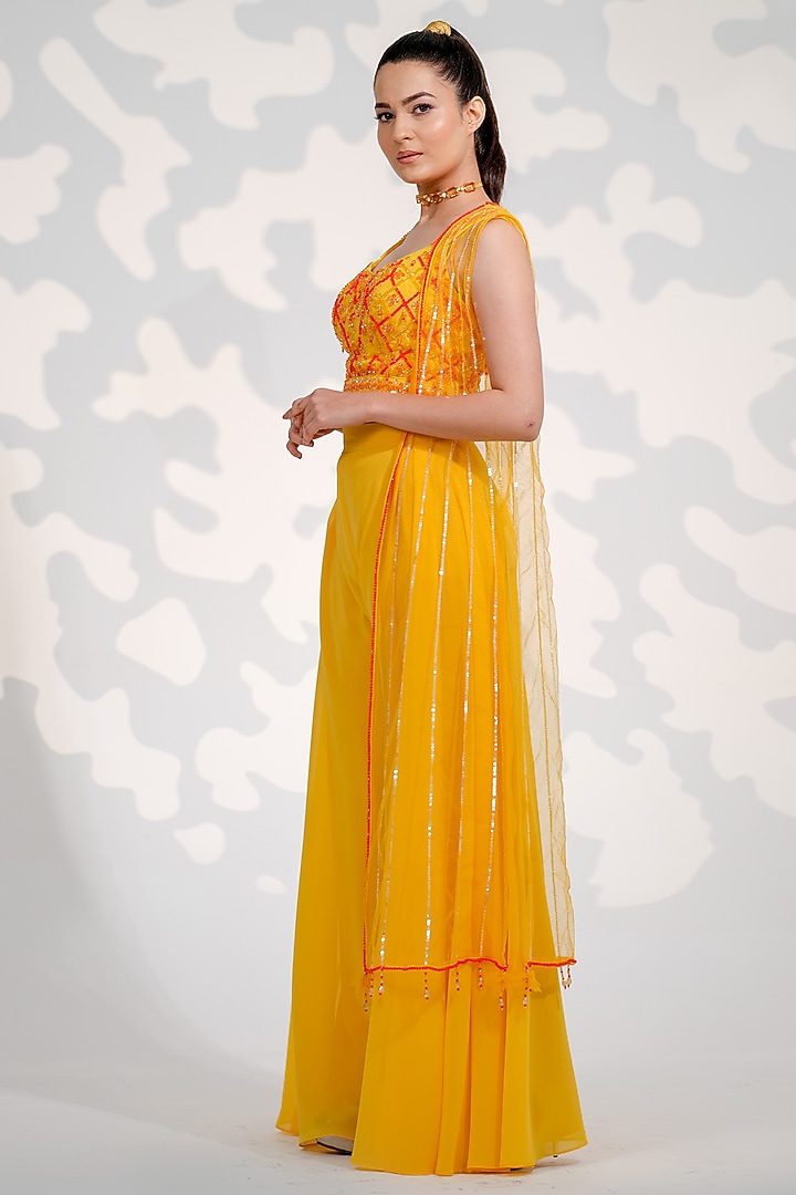 Yellow Tulle Embroidered Jacket Set by Tamaraa By Tahani at Pernia's Pop Up Shop