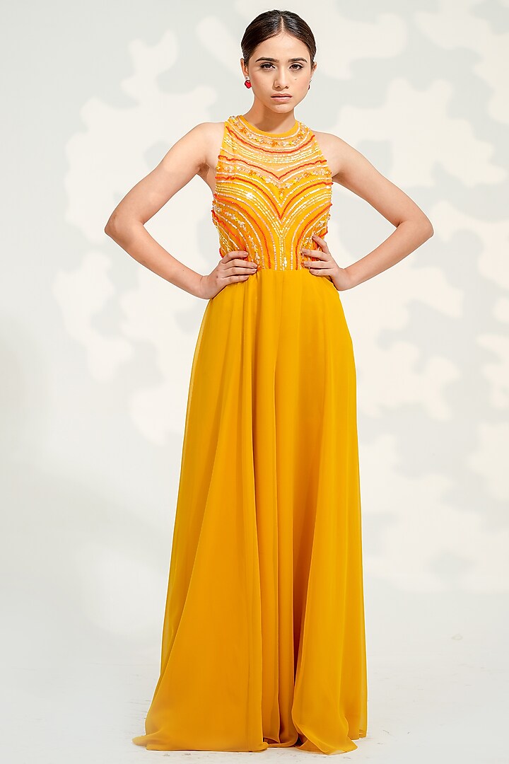 Yellow Georgette Embroidered Jumpsuit by Tamaraa By Tahani