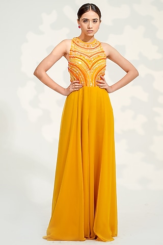 Yellow Georgette Embroidered Jumpsuit by Tamaraa By Tahani