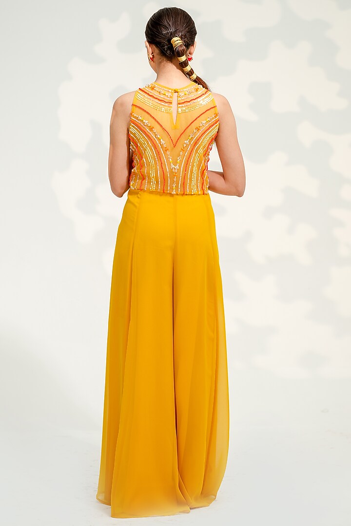 Yellow Georgette Embroidered Jumpsuit by Tamaraa By Tahani at Pernia's Pop Up Shop