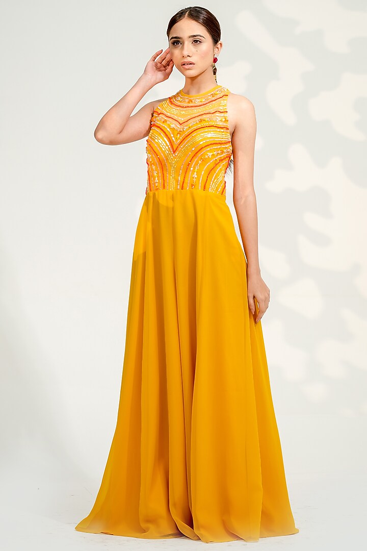 Yellow Georgette Embroidered Jumpsuit by Tamaraa By Tahani at Pernia's Pop Up Shop