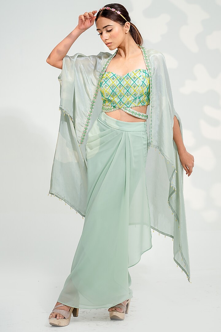 Mint Green Georgette & Shimmer Silk Cape Set by Tamaraa By Tahani at Pernia's Pop Up Shop
