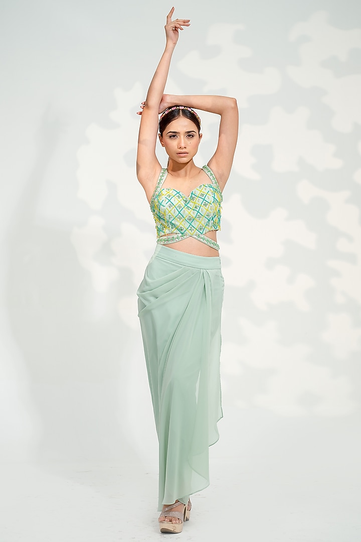 Mint Green Georgette & Shimmer Silk Cape Set by Tamaraa By Tahani at Pernia's Pop Up Shop