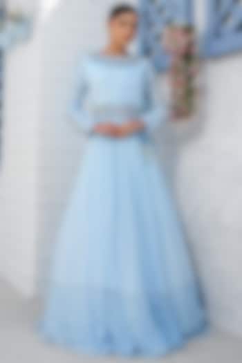 Sky Blue Georgette Hand Embroidered Anarkali Gown by Tamaraa By Tahani