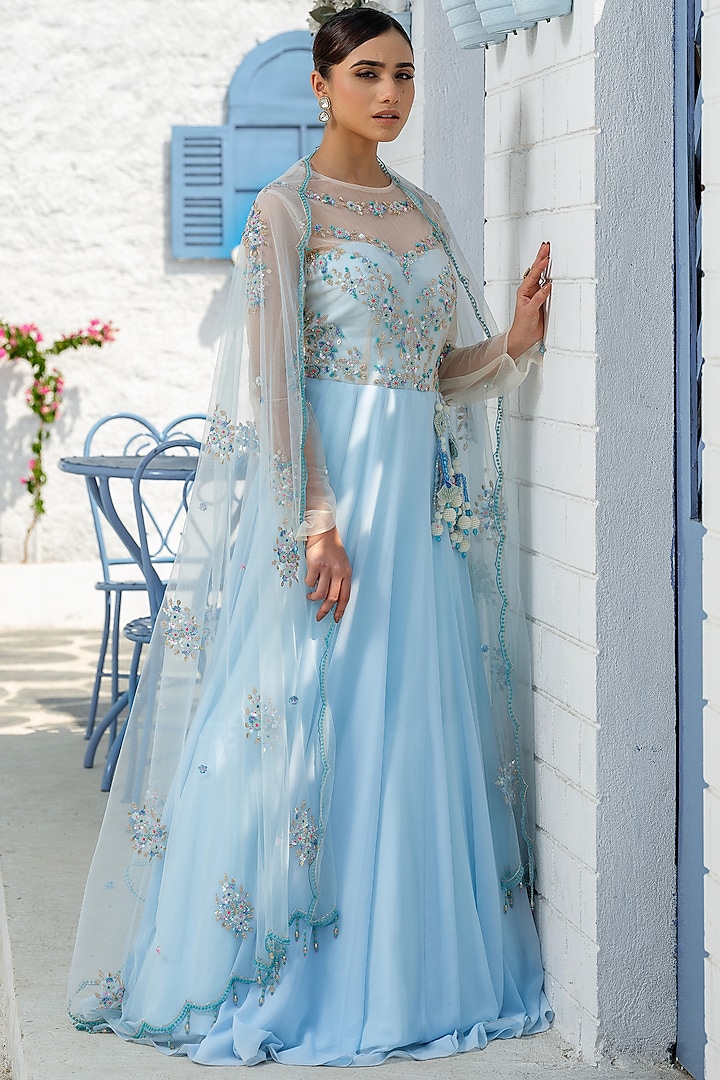 Sky Blue Georgette Hand Embroidered Gown With Dupatta by Tamaraa By Tahani
