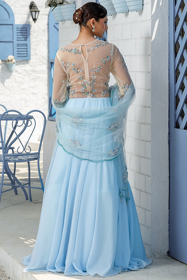 Sky Blue Georgette Hand Embroidered Engagement Gown With Dupatta by Tamaraa By Tahani at Pernia's Pop Up Shop
