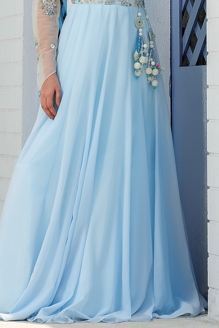 Sky Blue Georgette Hand Embroidered Engagement Gown With Dupatta by Tamaraa By Tahani at Pernia's Pop Up Shop