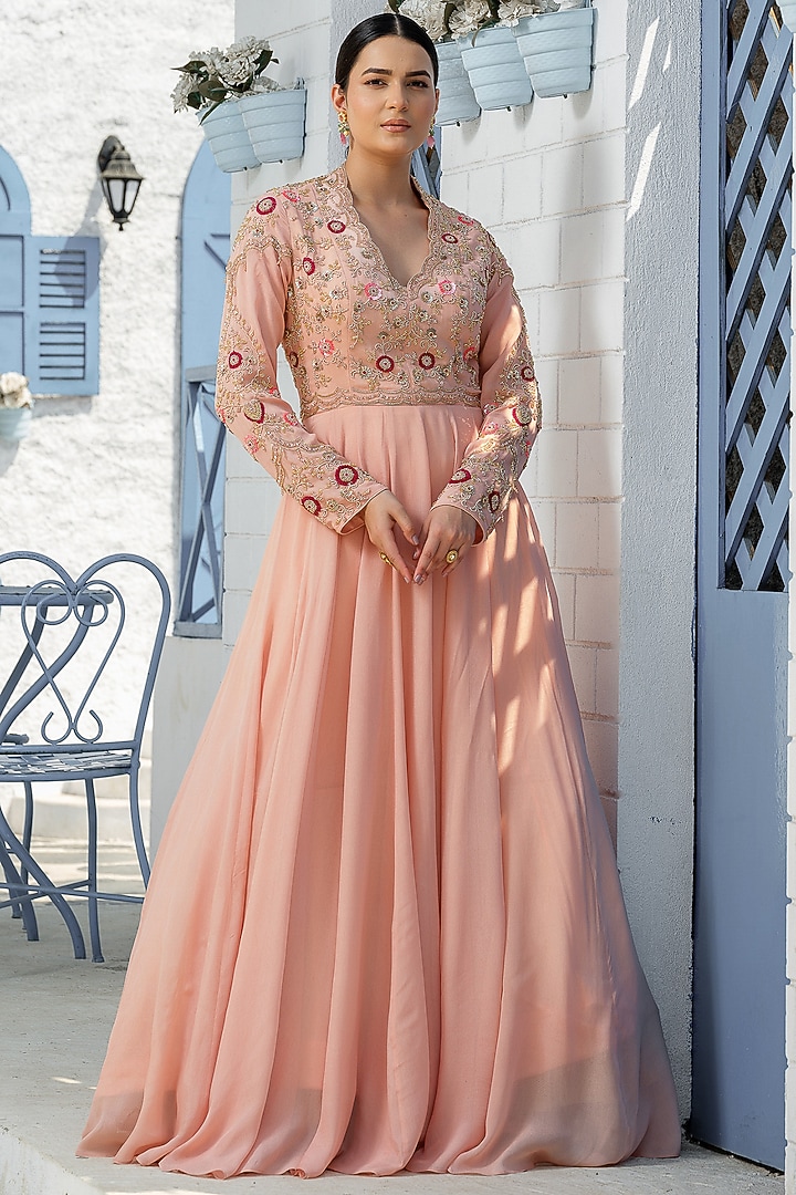 Coffee Crepe Hand Embroidered Engagement Gown With Dupatta by Tamaraa By Tahani at Pernia's Pop Up Shop