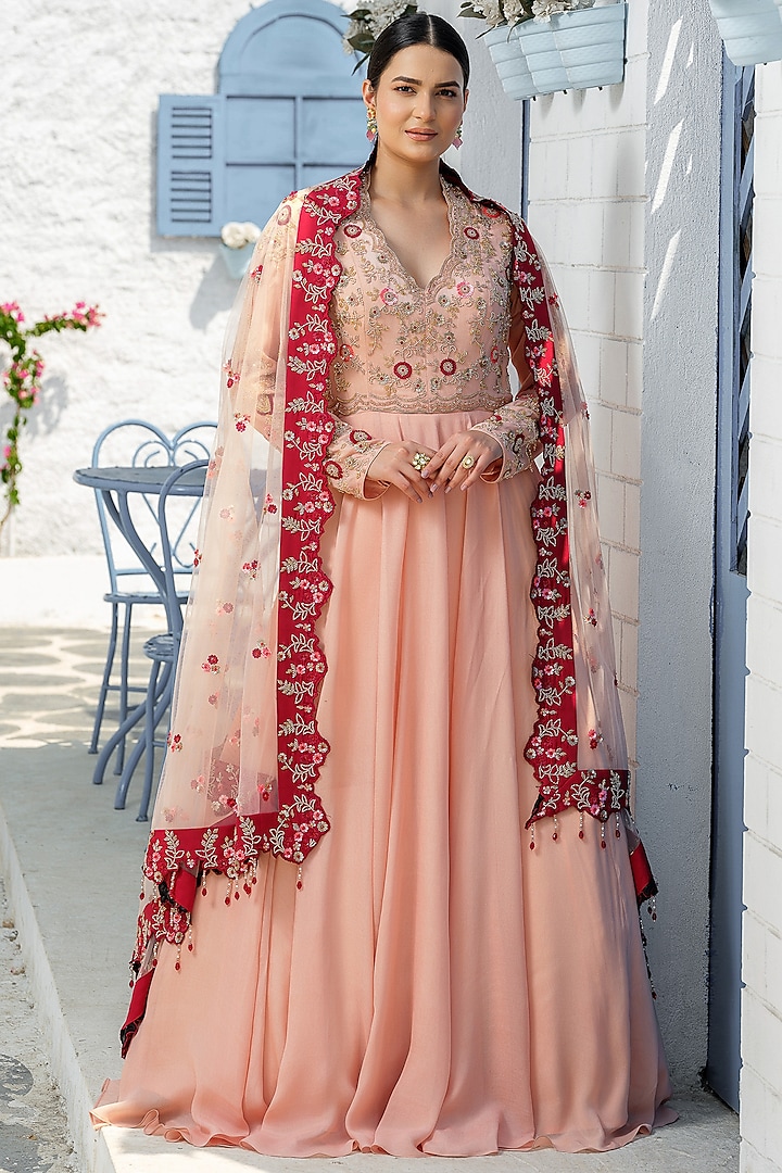 Coffee Crepe Hand Embroidered Gown With Dupatta by Tamaraa By Tahani