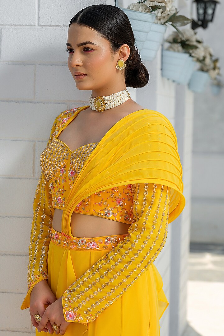 Yellow Georgette & Tulle Wedding Lehenga Saree Set by Tamaraa By Tahani at Pernia's Pop Up Shop