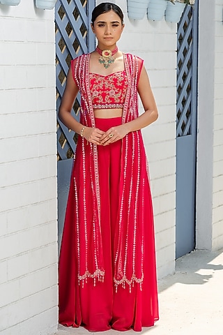 Hot Pink Tulle Embroidered Jacket Set by Tamaraa By Tahani