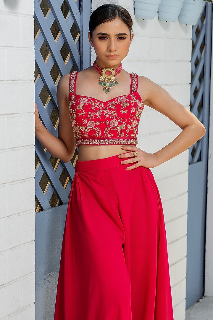 Hot Pink Tulle Embroidered Jacket Set by Tamaraa By Tahani at Pernia's Pop Up Shop