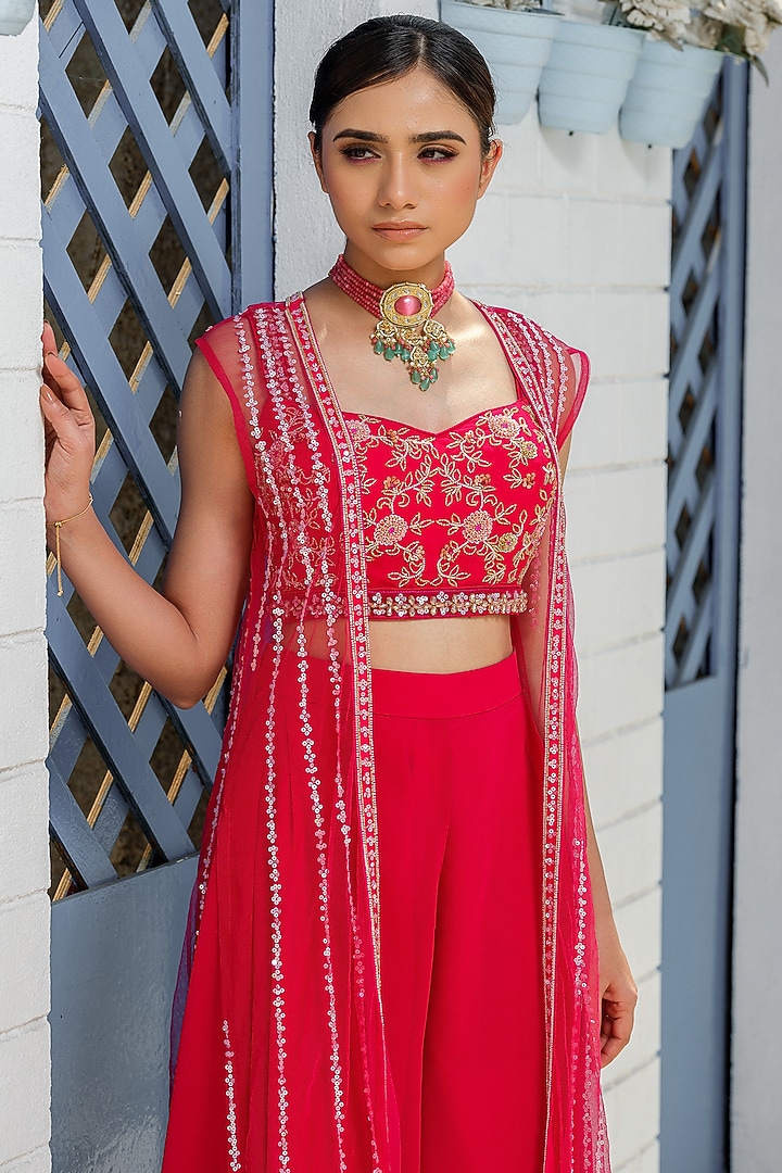 Hot Pink Tulle Embroidered Jacket Set by Tamaraa By Tahani at Pernia's Pop Up Shop