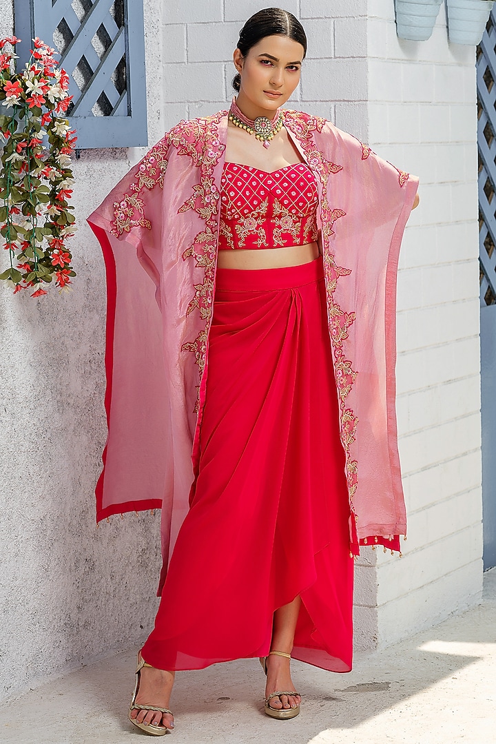 Hot Pink Tulle Embroidered Cape Set by Tamaraa By Tahani