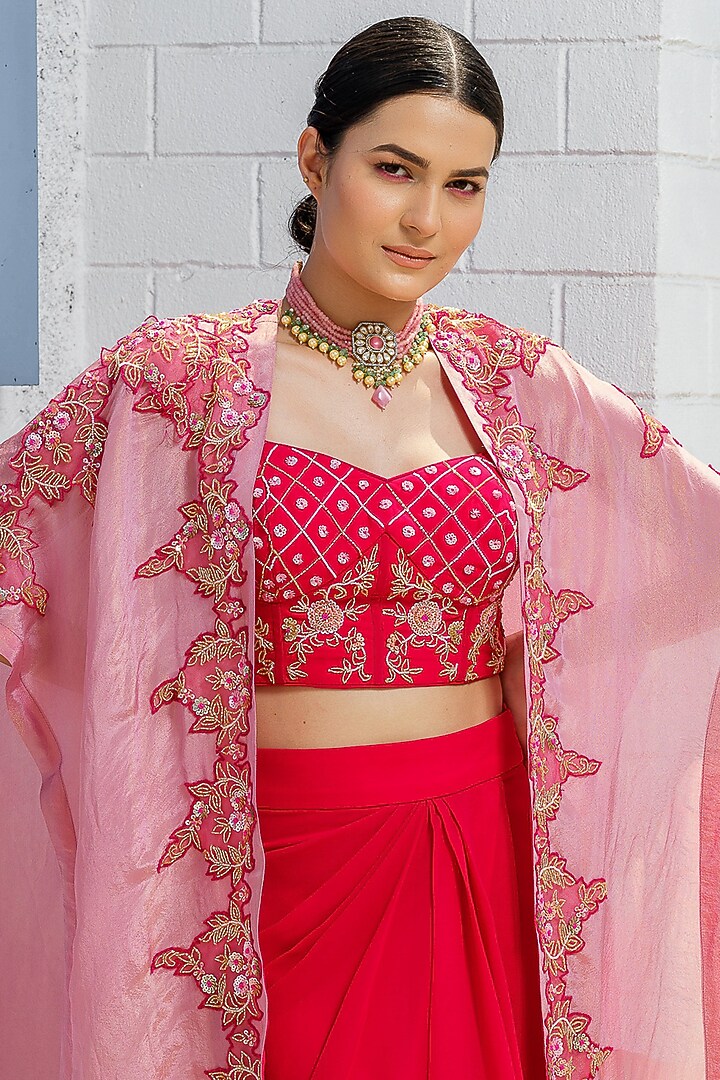 Hot Pink Tulle Embroidered Cape Set by Tamaraa By Tahani at Pernia's Pop Up Shop