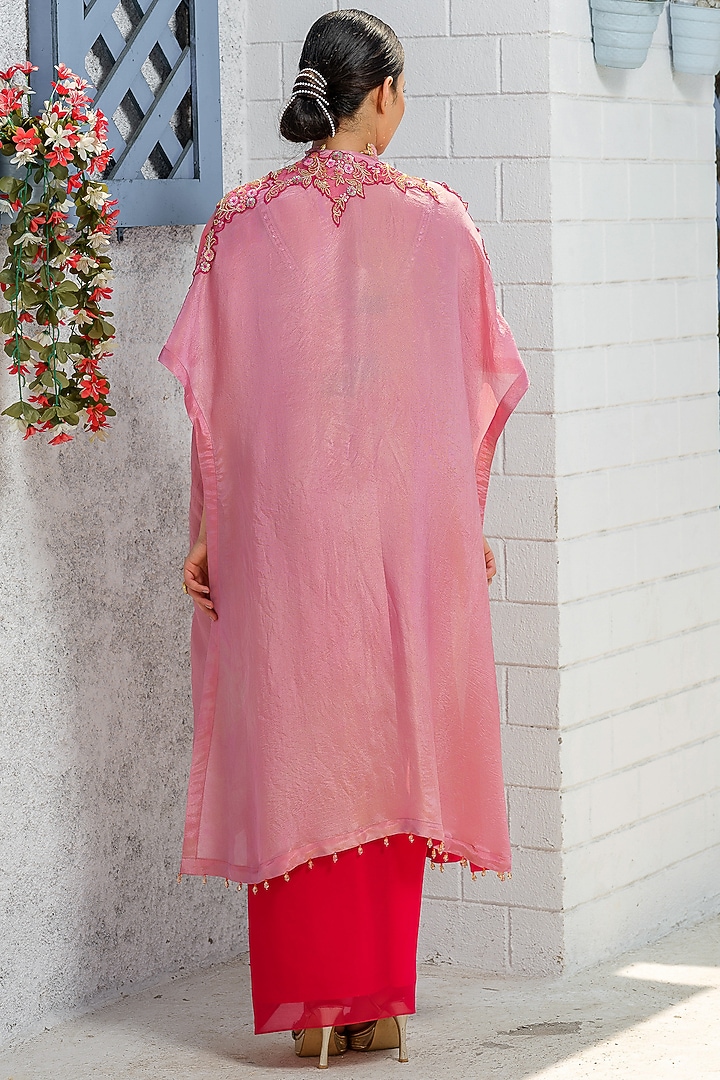 Hot Pink Tulle Embroidered Cape Set by Tamaraa By Tahani at Pernia's Pop Up Shop