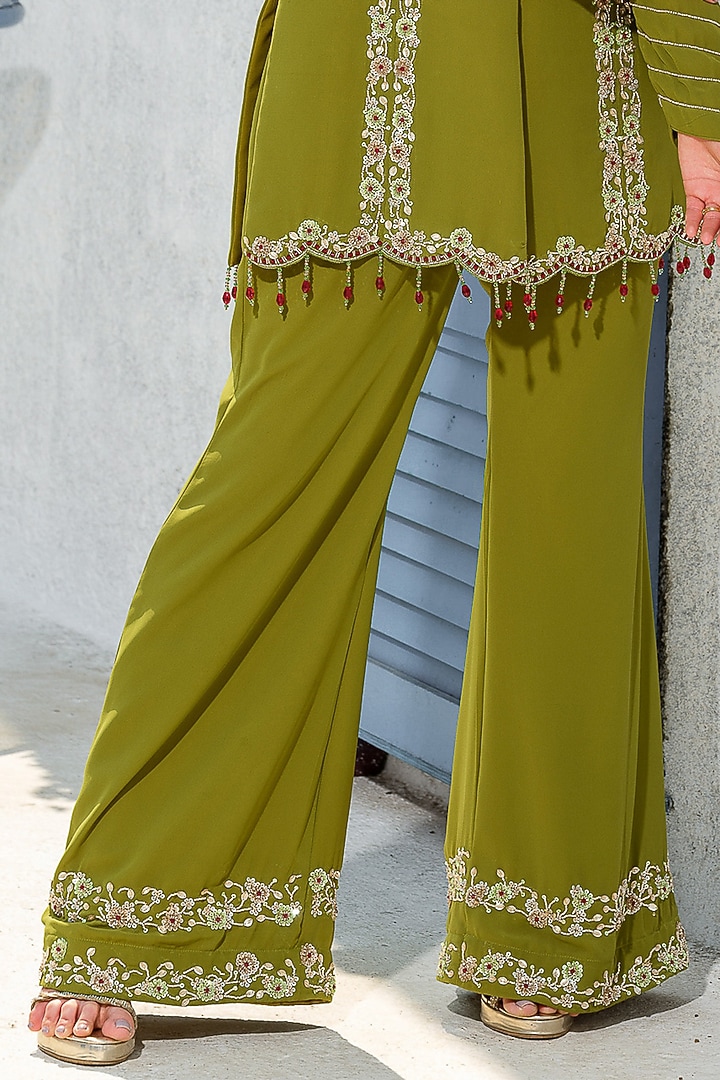Mehendi Green Georgette Hand Embroidered Jacket Set by Tamaraa By Tahani at Pernia's Pop Up Shop