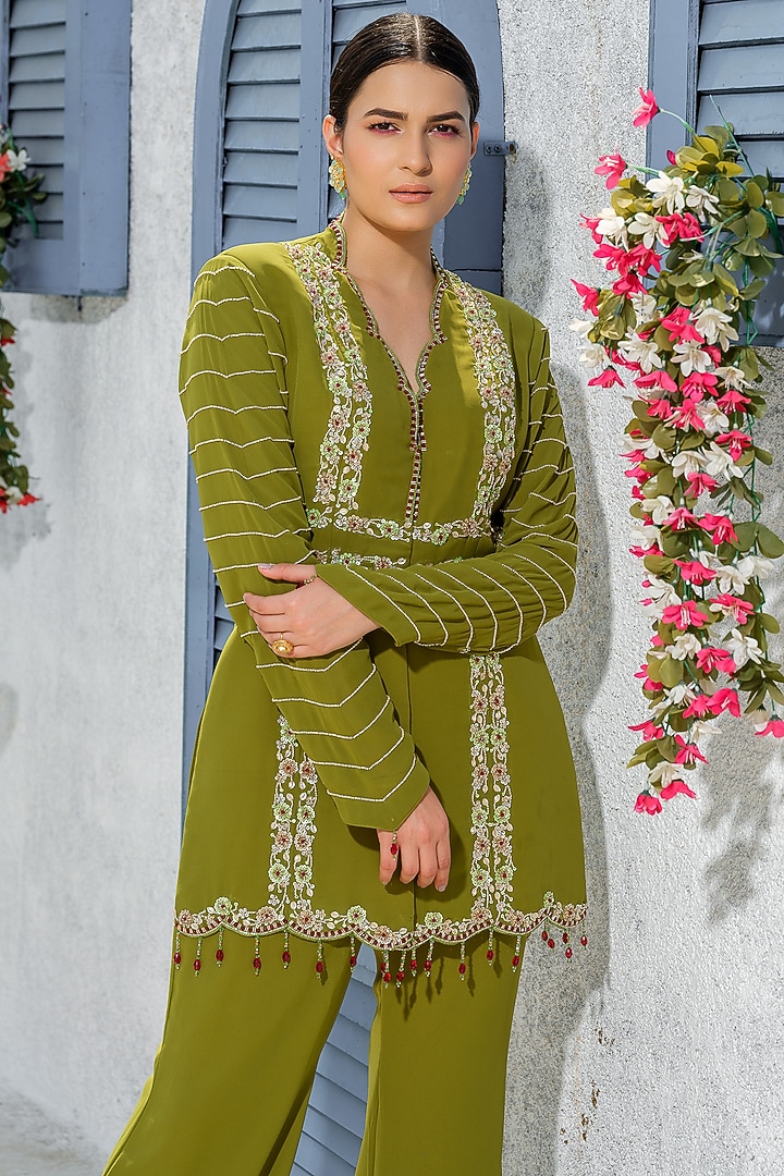 Mehendi Green Georgette Hand Embroidered Jacket Set by Tamaraa By Tahani at Pernia's Pop Up Shop