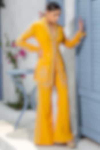 Yellow Georgette Hand Embroidered Jacket Set by Tamaraa By Tahani