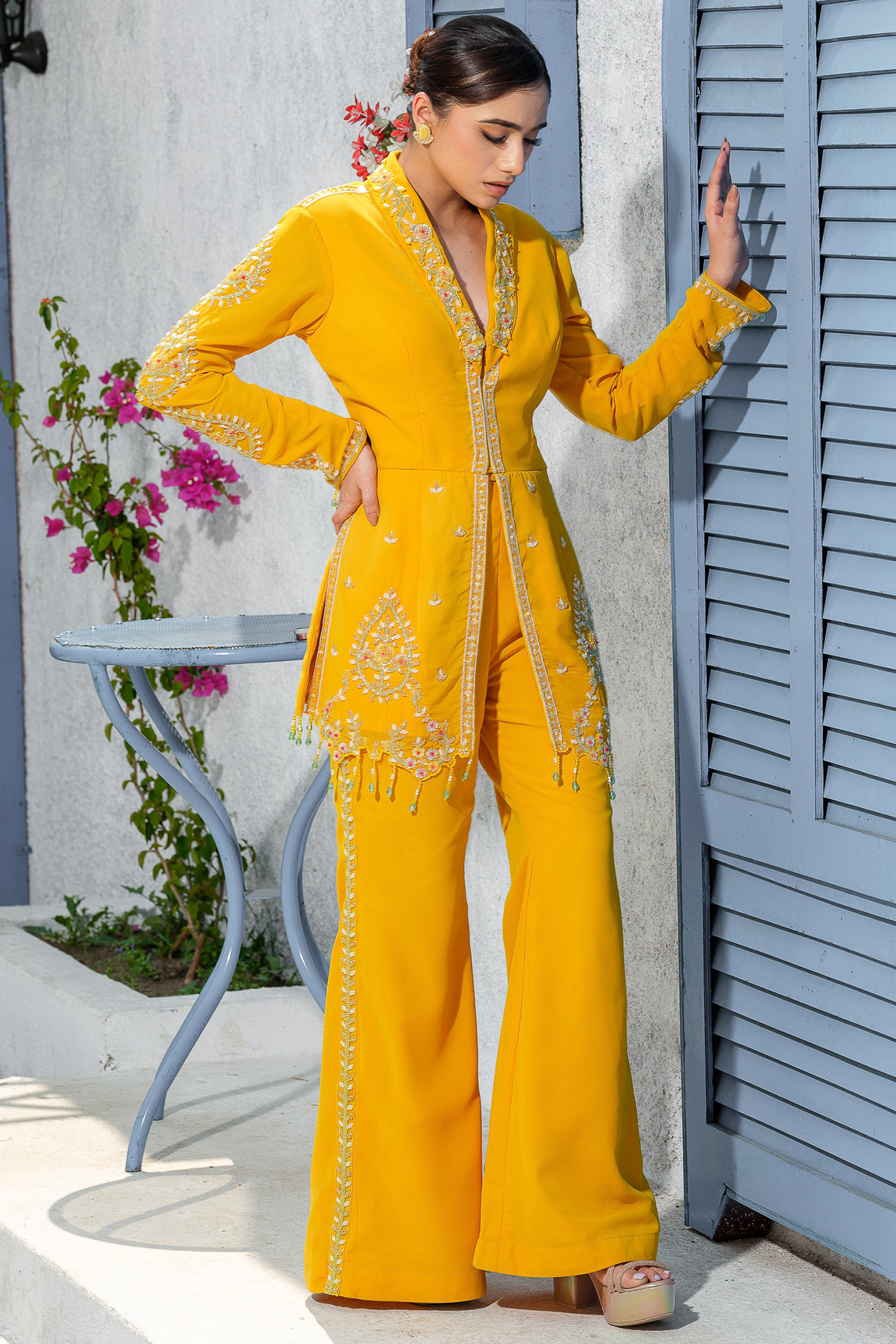 Yellow Georgette Hand Embroidered Jacket Set by Tamaraa By Tahani