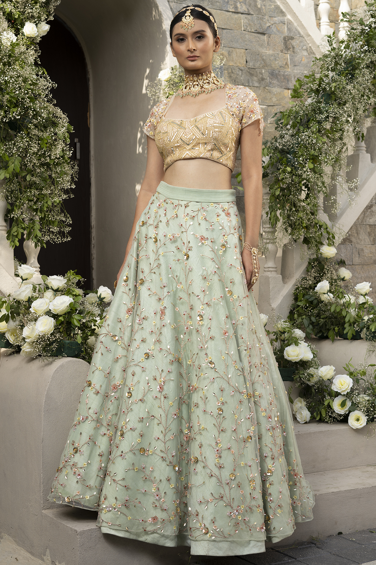 Mint Green Hand Embroidered Lehenga Set by Tamaraa By Tahani