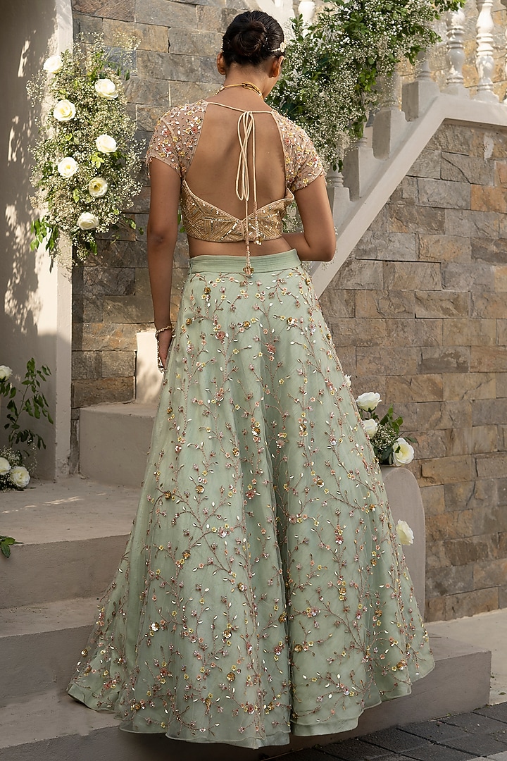 Mint Green Hand Embroidered Wedding Lehenga Set by Tamaraa By Tahani at Pernia's Pop Up Shop