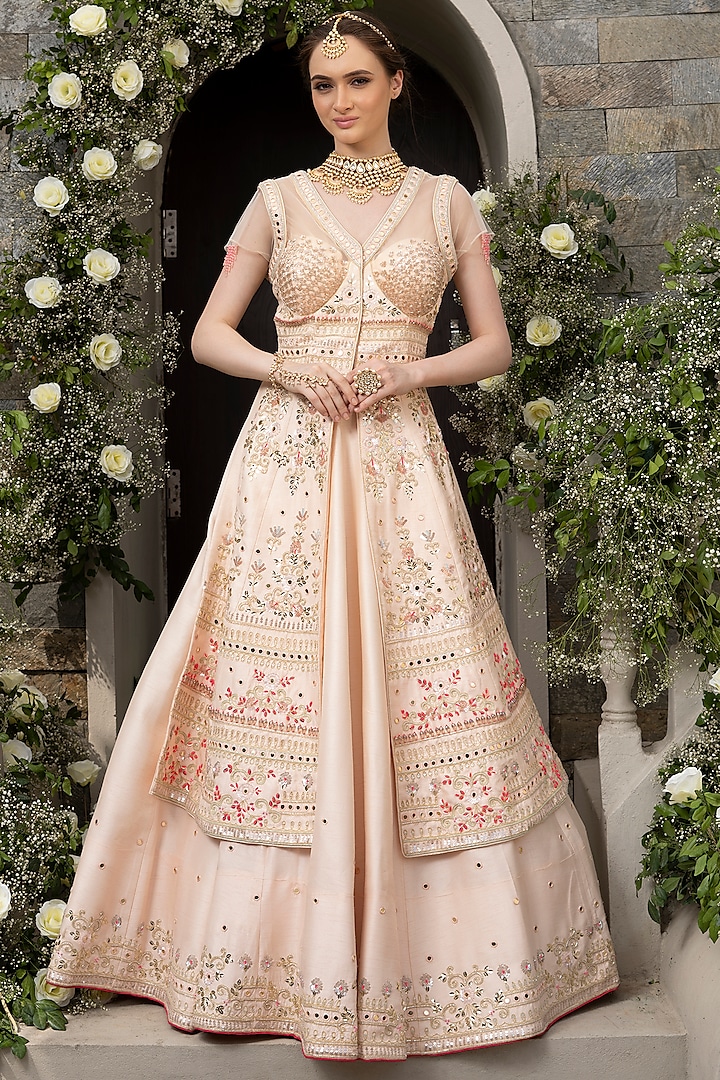 Peach Hand Embroidered Jacket Lehenga  by Tamaraa By Tahani