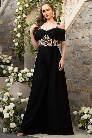 Black Milano Satin Draped Jumpsuit by Tamaraa By Tahani