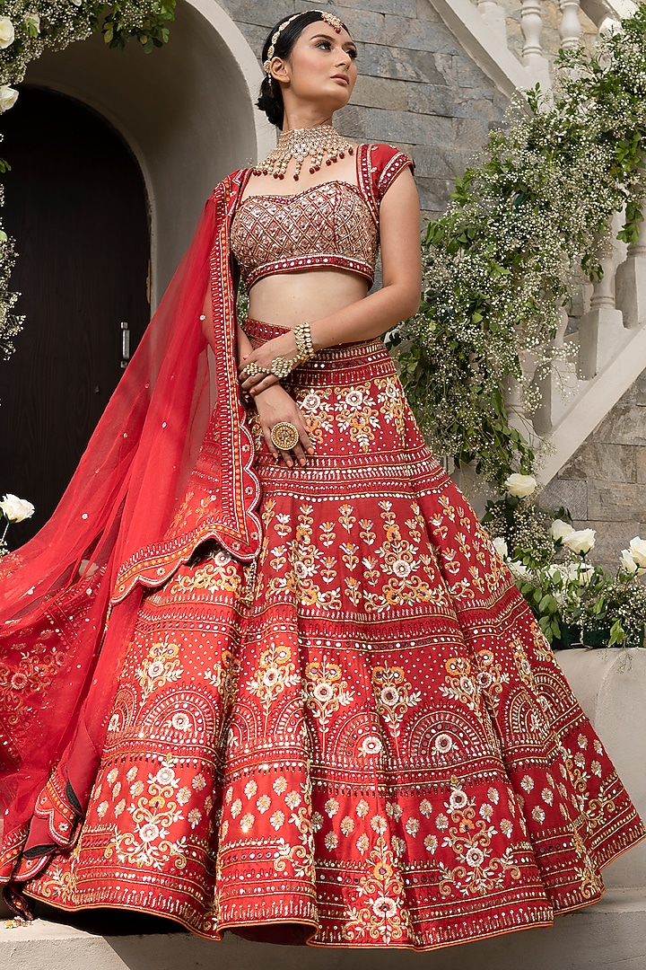 Red Hand Embroidered Wedding Lehenga Set by Tamaraa By Tahani at Pernia's Pop Up Shop