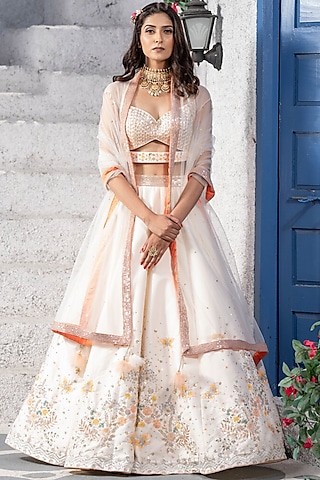 Snowy White Organza Embroidered Lehenga Set Design by Studio Iris