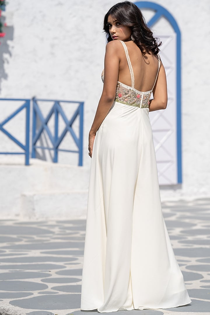 White Embroidered Handcrafted Jumpsuit by Tamaraa By Tahani at Pernia's Pop Up Shop