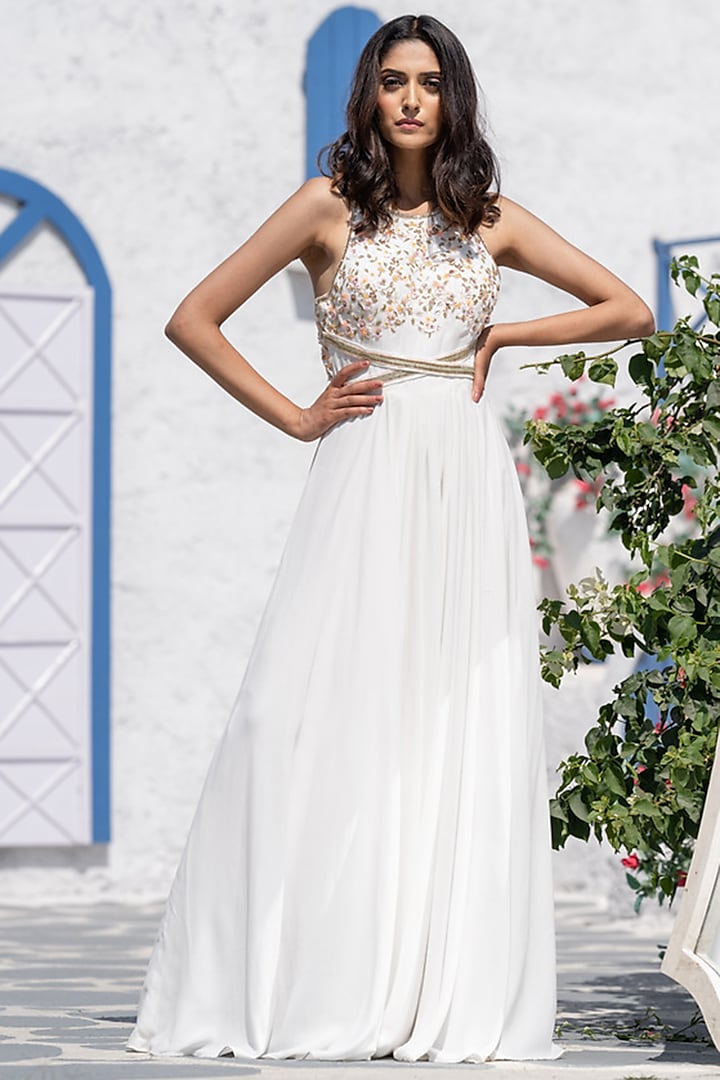 White Embroidered Draped Gown by Tamaraa By Tahani