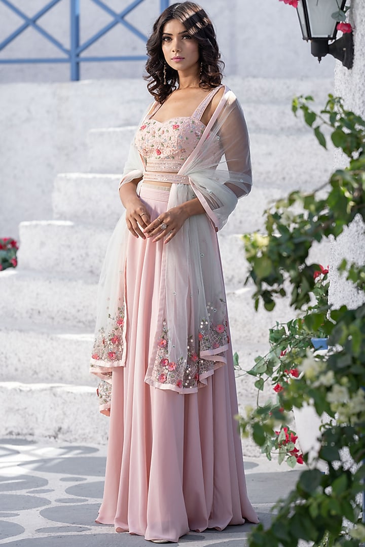 Blush Pink Floral Embroidered Handcrafted Lehenga Set by Tamaraa By Tahani