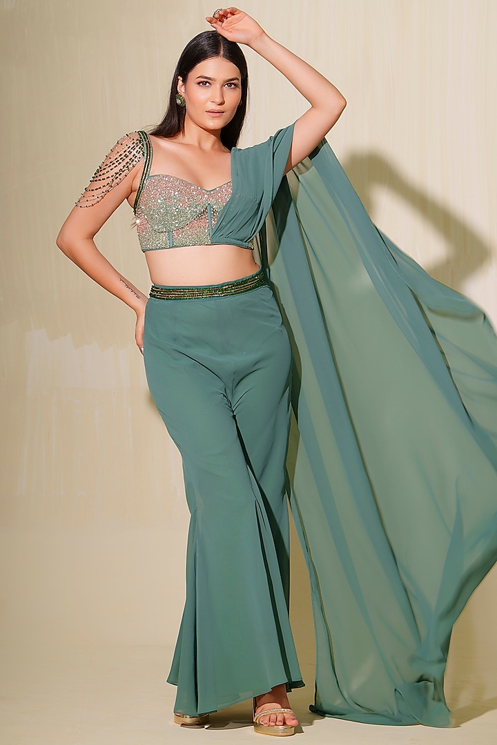 Duck Green Georgette Bootcut Pant Set by Tamaraa By Tahani at Pernia's Pop Up Shop