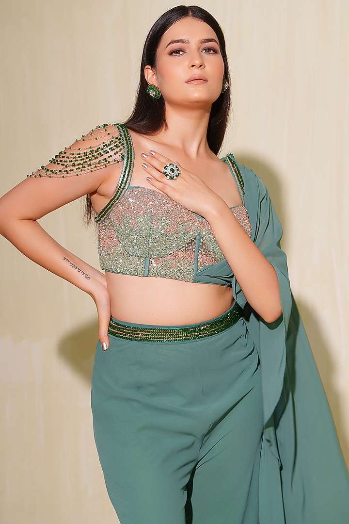 Duck Green Georgette Bootcut Pant Set by Tamaraa By Tahani at Pernia's Pop Up Shop