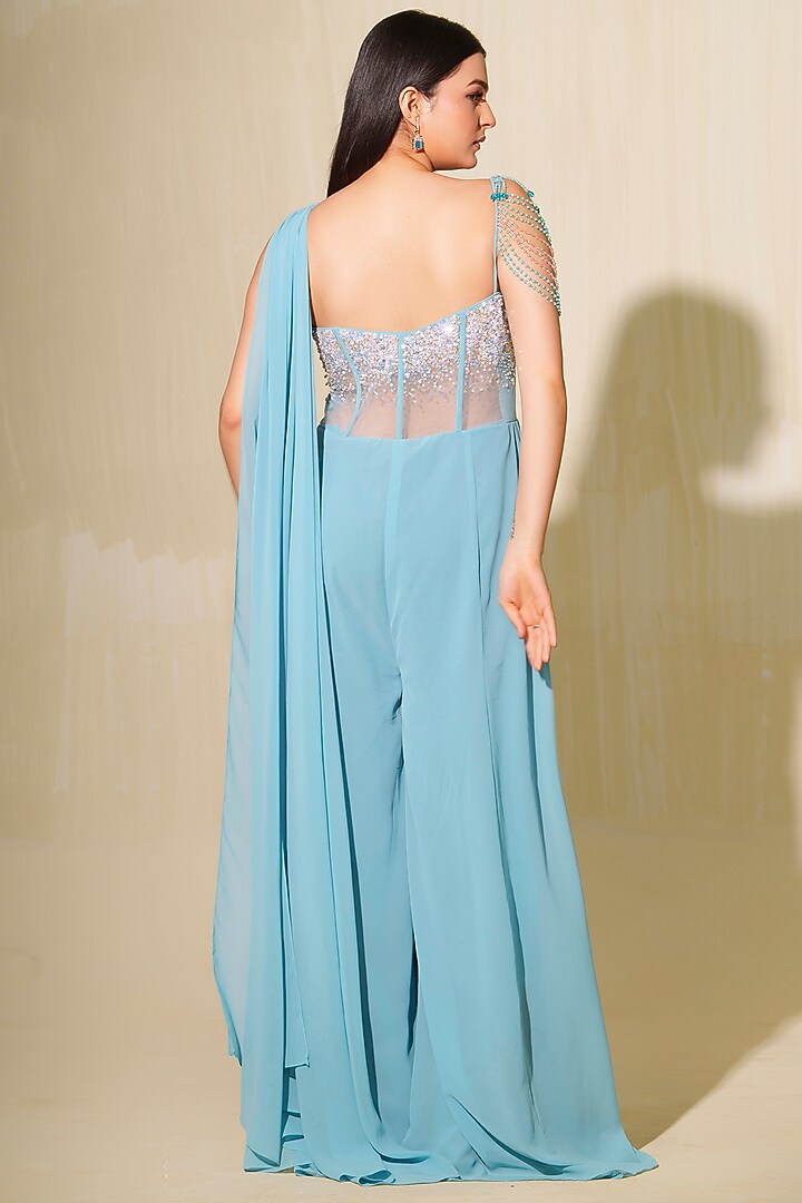 Milky Blue Georgette & Tulle Embellished Jumpsuit by Tamaraa By Tahani at Pernia's Pop Up Shop