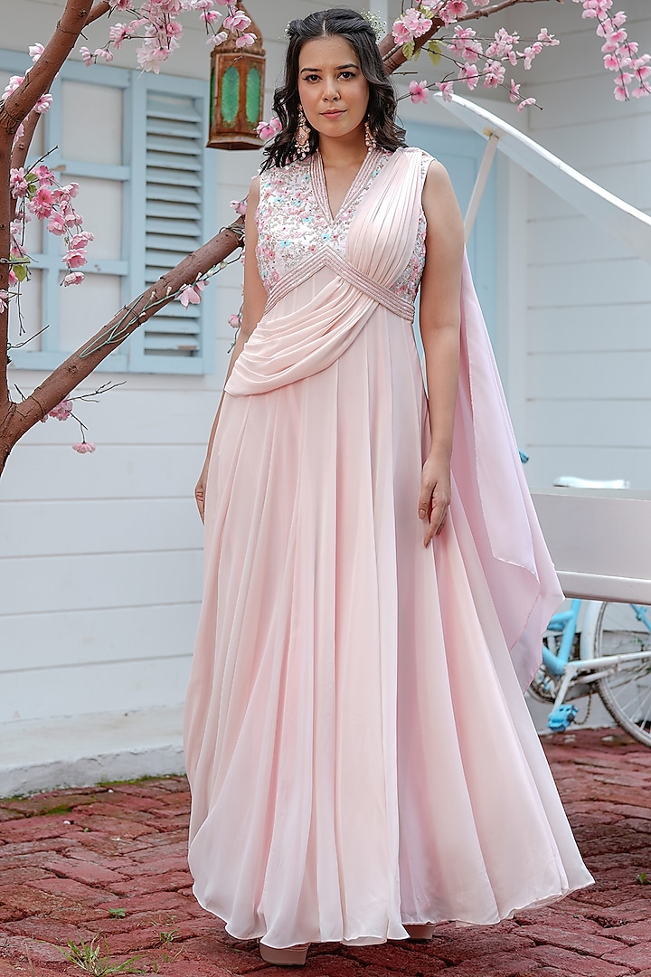 Rose Pink Draped Anarkali With Floral Detailing by Tamaraa By Tahani